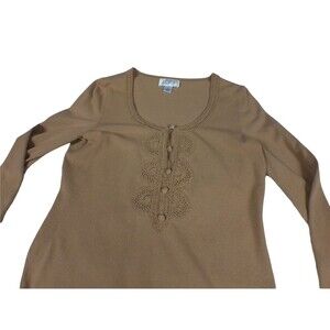 Ann Taylor Loft Womens Small Blouse Shirt Beige Crochet Knit Long Sleeve Button
